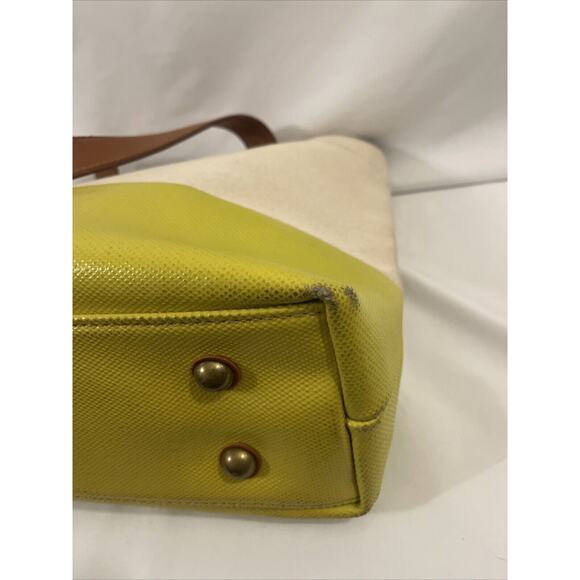 Fossil Austin Fab Shopper Tote Citrus Yellow Tan Coated Canvas Book Beach Bag - Picture 7 of 14